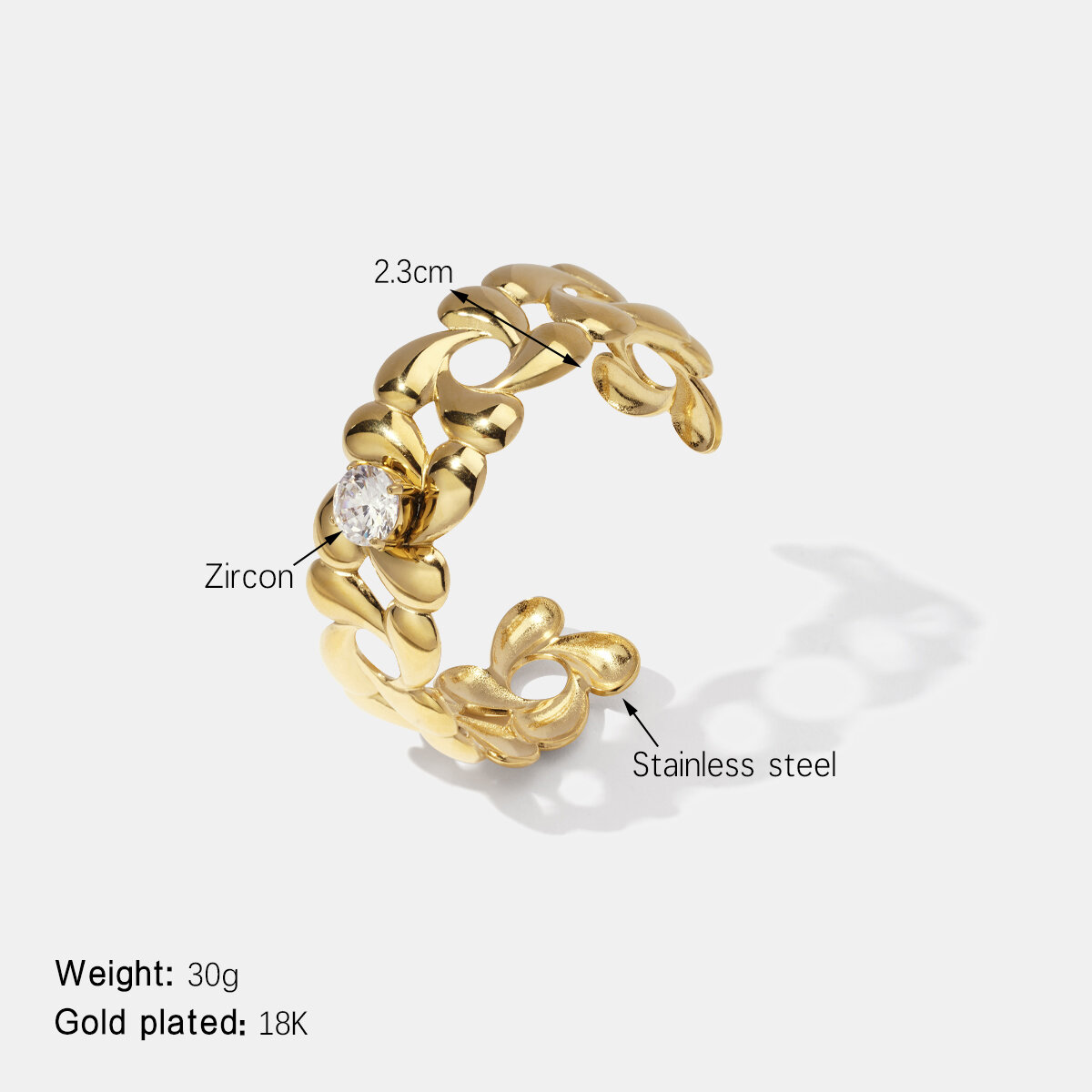 Bracciale rigido in acciaio inossidabile con zirconi color oro impermeabile a forma di fiore h5