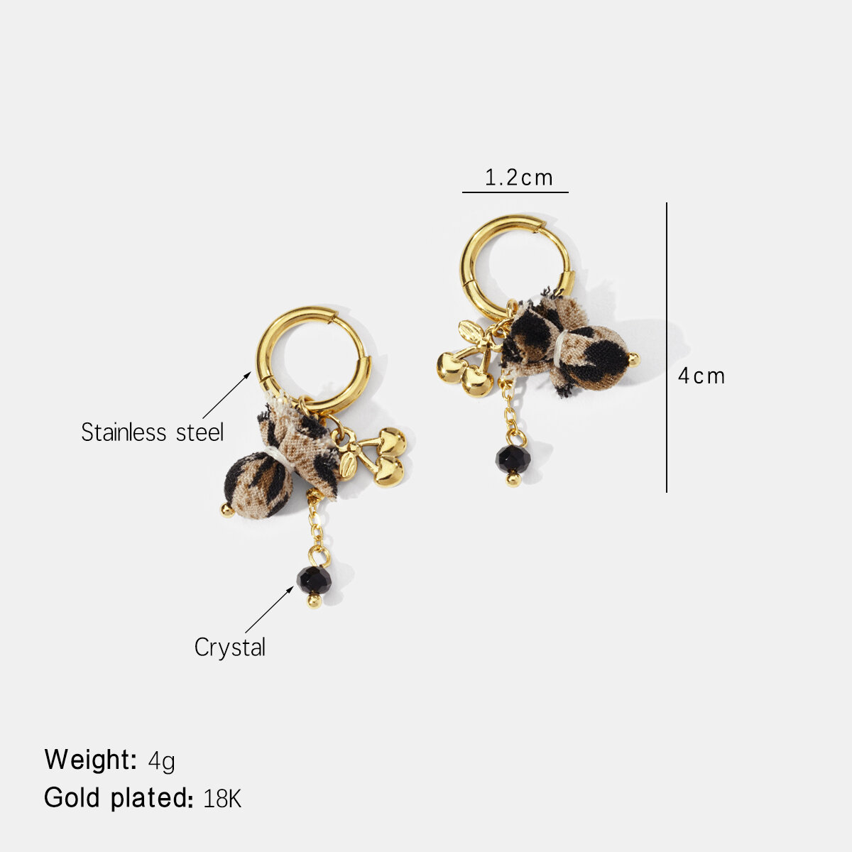 Leopard Fabric Cherry Stainless Steel Waterproof Gold Color Drop Earrings
