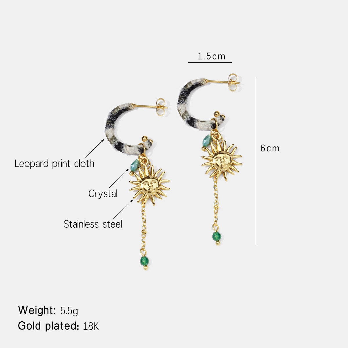Sun Stainless Steel Waterproof Leopard Fabric Gold Color Dangle Earrings h5