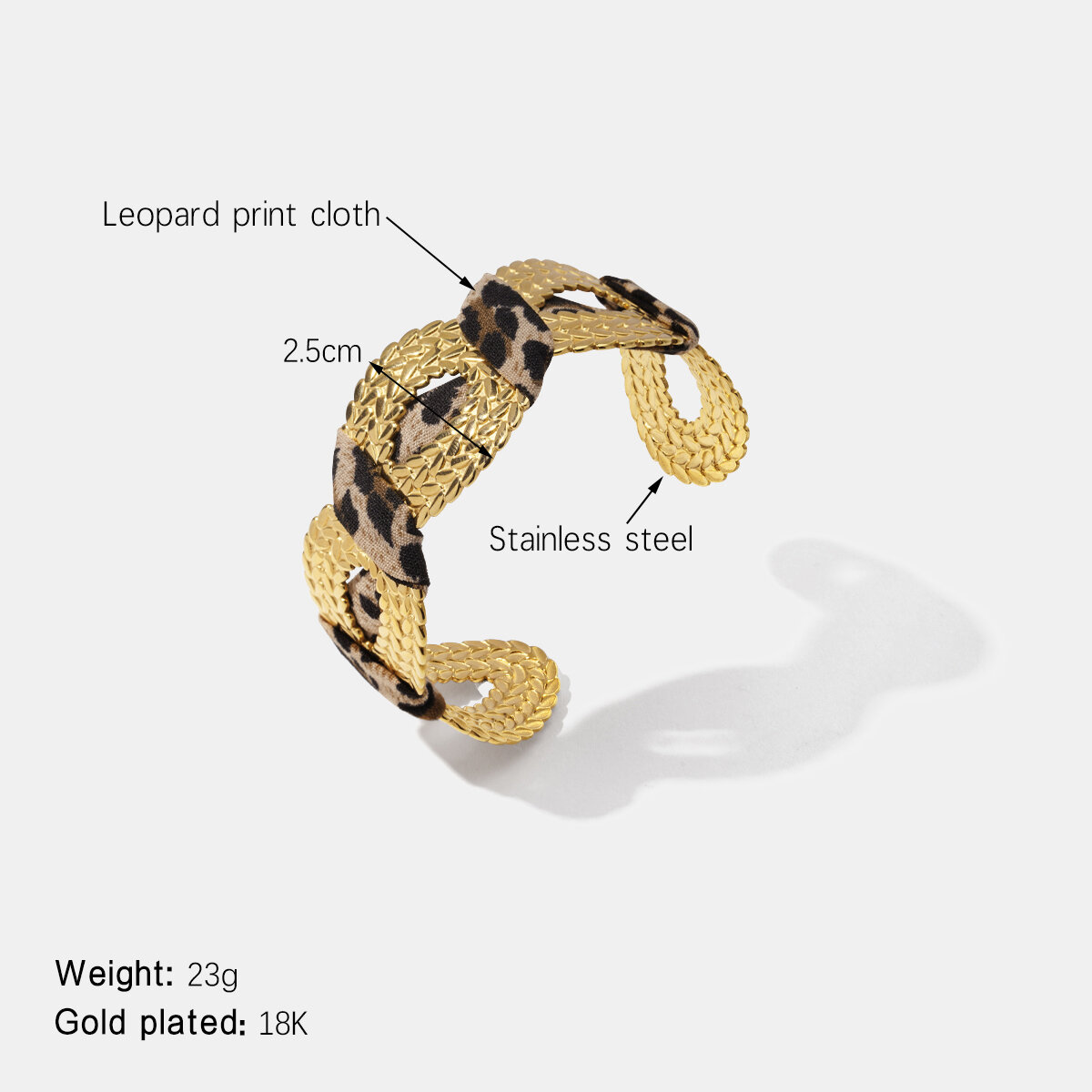 Bracciale rigido in tessuto con stampa leopardata impermeabile in acciaio inossidabile di forma irregolare h5 
