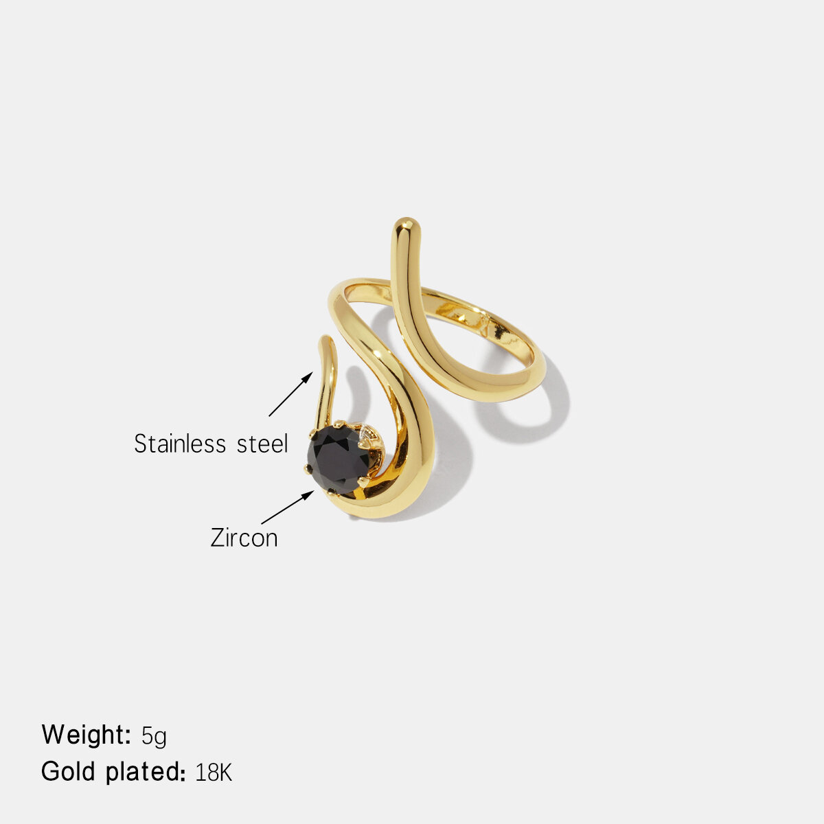 Irregular Shape Zircon Stainless Steel Waterproof Gold Color Gemstone Ring