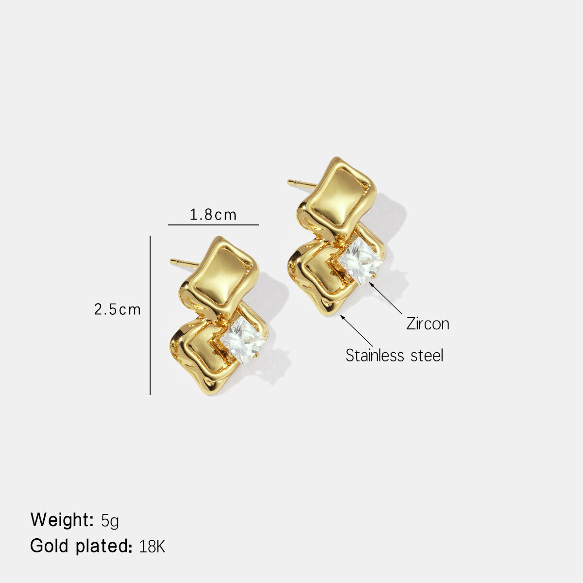 Irregular Shape Stainless Steel Waterproof Gold Color Zircon Stud Earrings