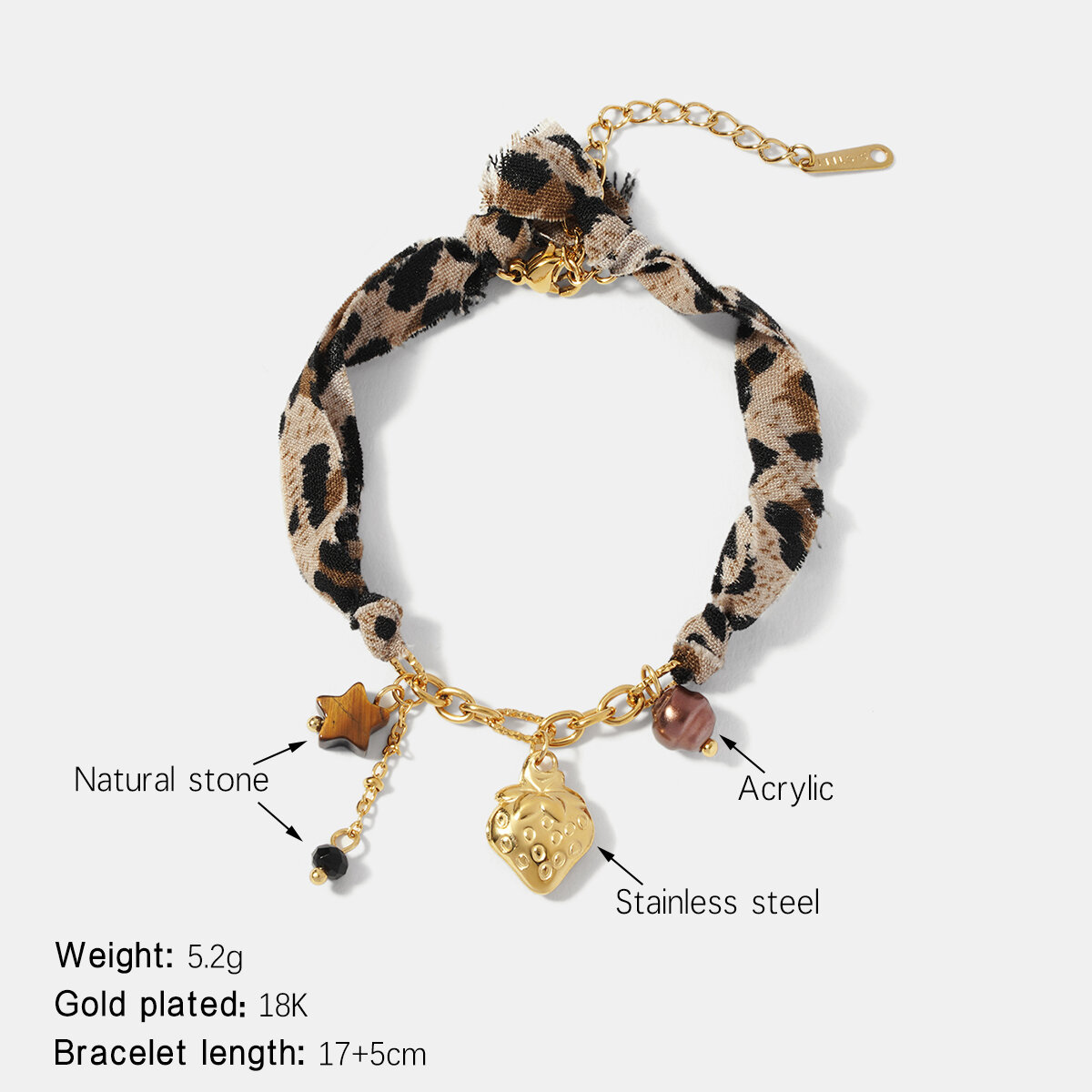 Leopard Fabric Strawberry Stainless Steel Waterproof Gold Color Charm Bracelet h5 