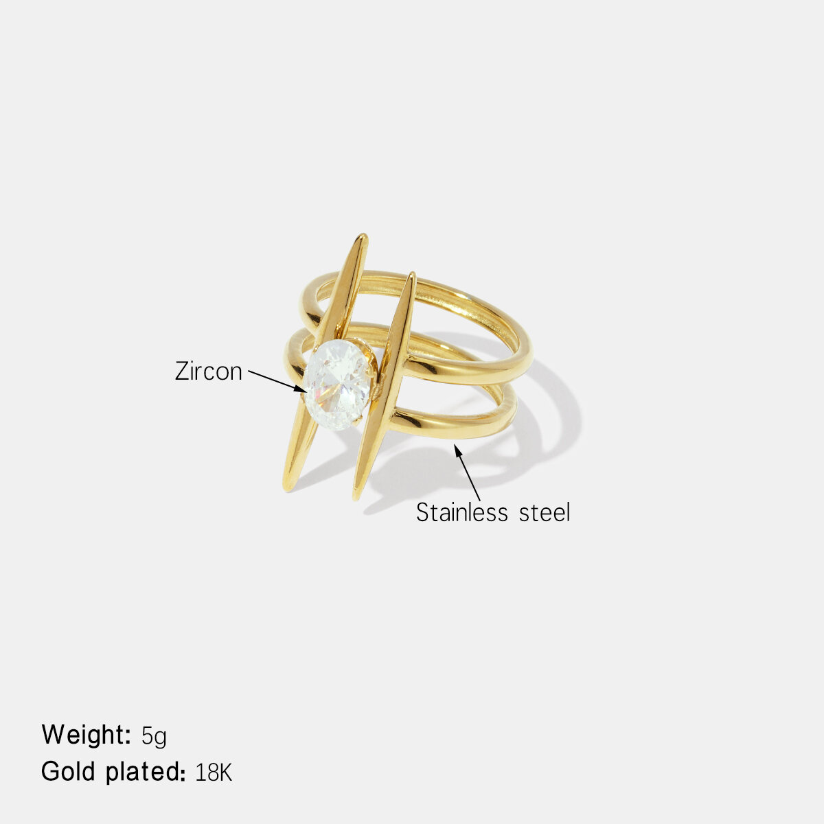 Bague en acier inoxydable étanche avec zircon de forme irrégulière et pierre précieuse couleur or 