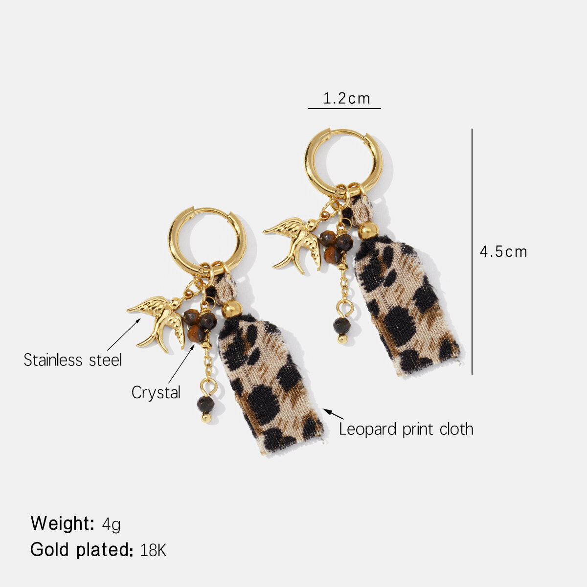 Leopard Fabric Bird Stainless Steel Waterproof Gold Color Drop Earrings