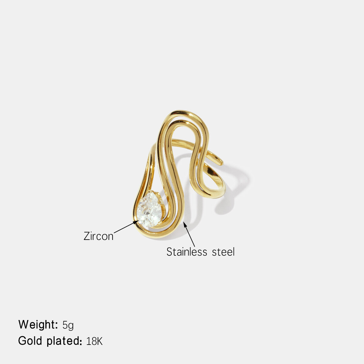 Irregular Shape Zircon Stainless Steel Waterproof Gold Color Gemstone Ring h5