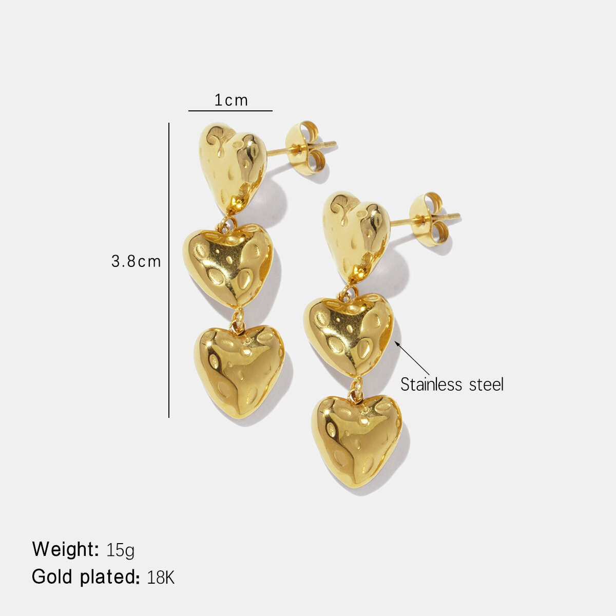 Boucles d'oreilles pendantes en acier inoxydable doré, motif marteau en forme de cœur, étanches, couleur or 