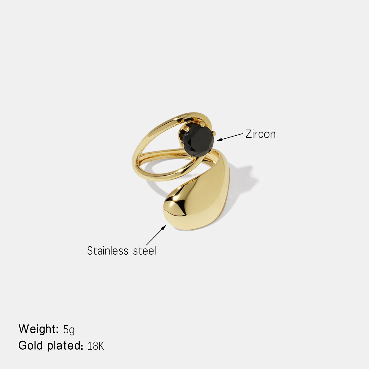 Bague en acier inoxydable de forme irrégulière, étanche, couleur or, sertie d'un zircon. 