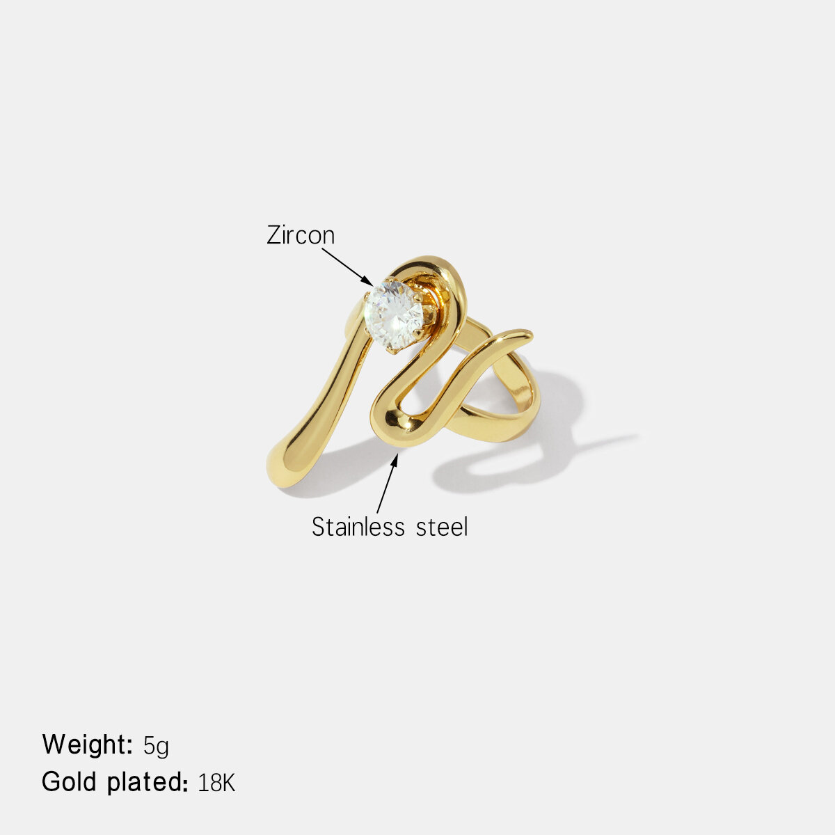 Irregular Shape Zircon Stainless Steel Waterproof Gold Color Gemstone Ring h5