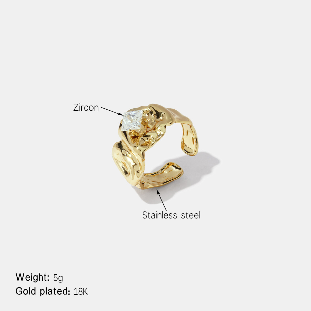 Retro Thread Stainless Steel Waterproof Gold Color Zircon Gemstone Ring