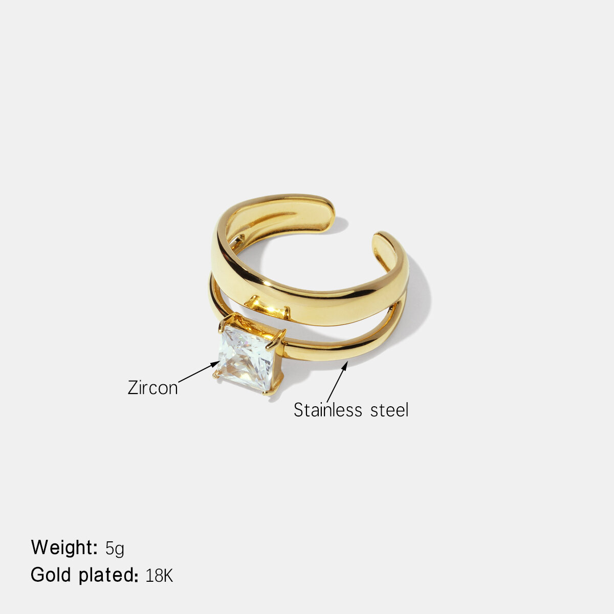 Hollowed-out Stainless Steel Waterproof Gold Color Zircon Gemstone Ring