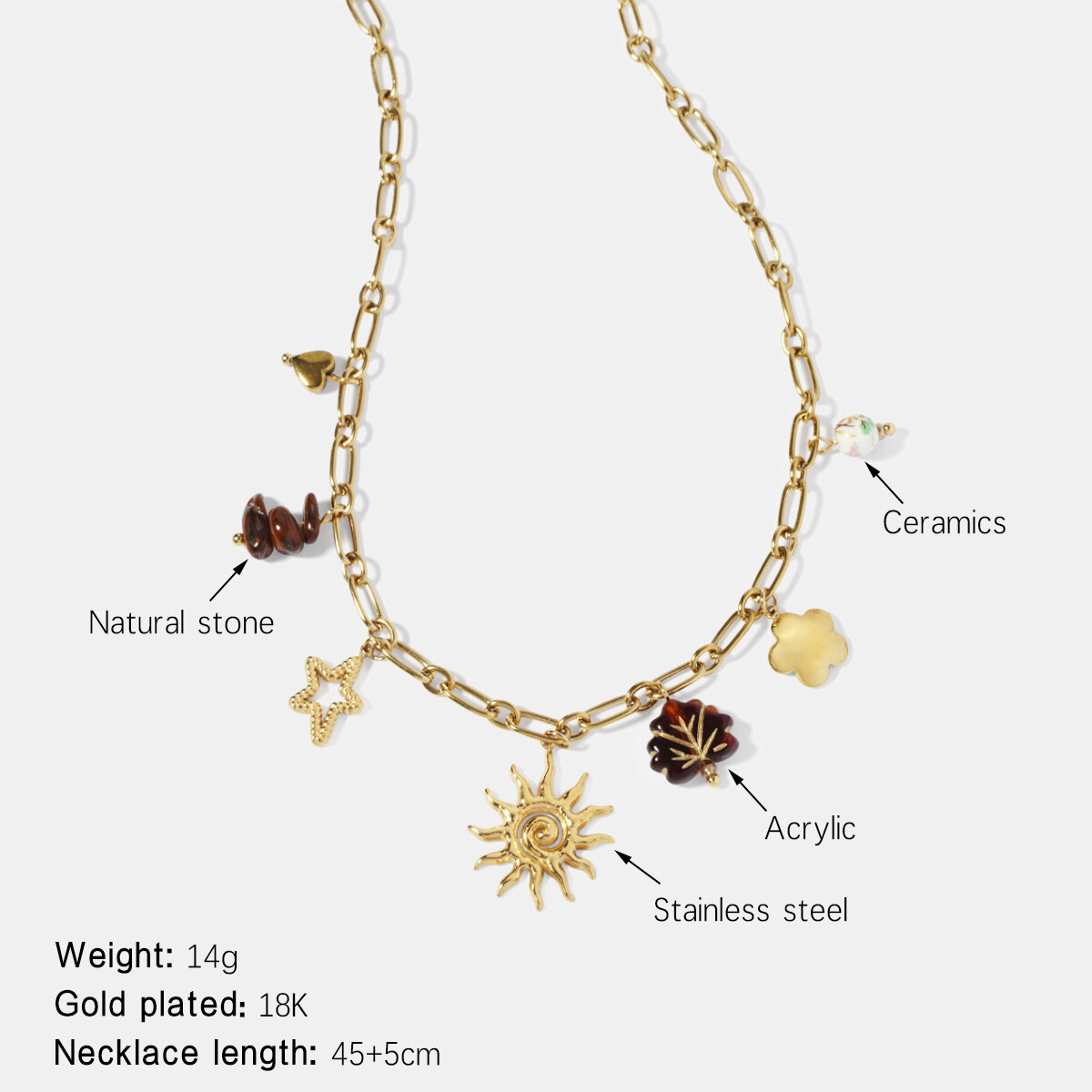 Sun Stainless Steel Waterproof  Gold Color Pendant Necklace 