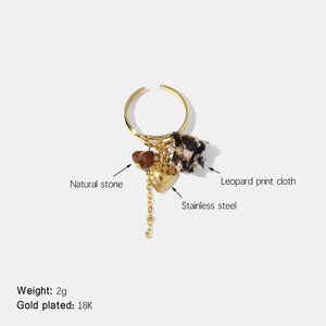 Heart Stainless Steel Waterproof Leopard Fabric Gold Color Statement Ring h5