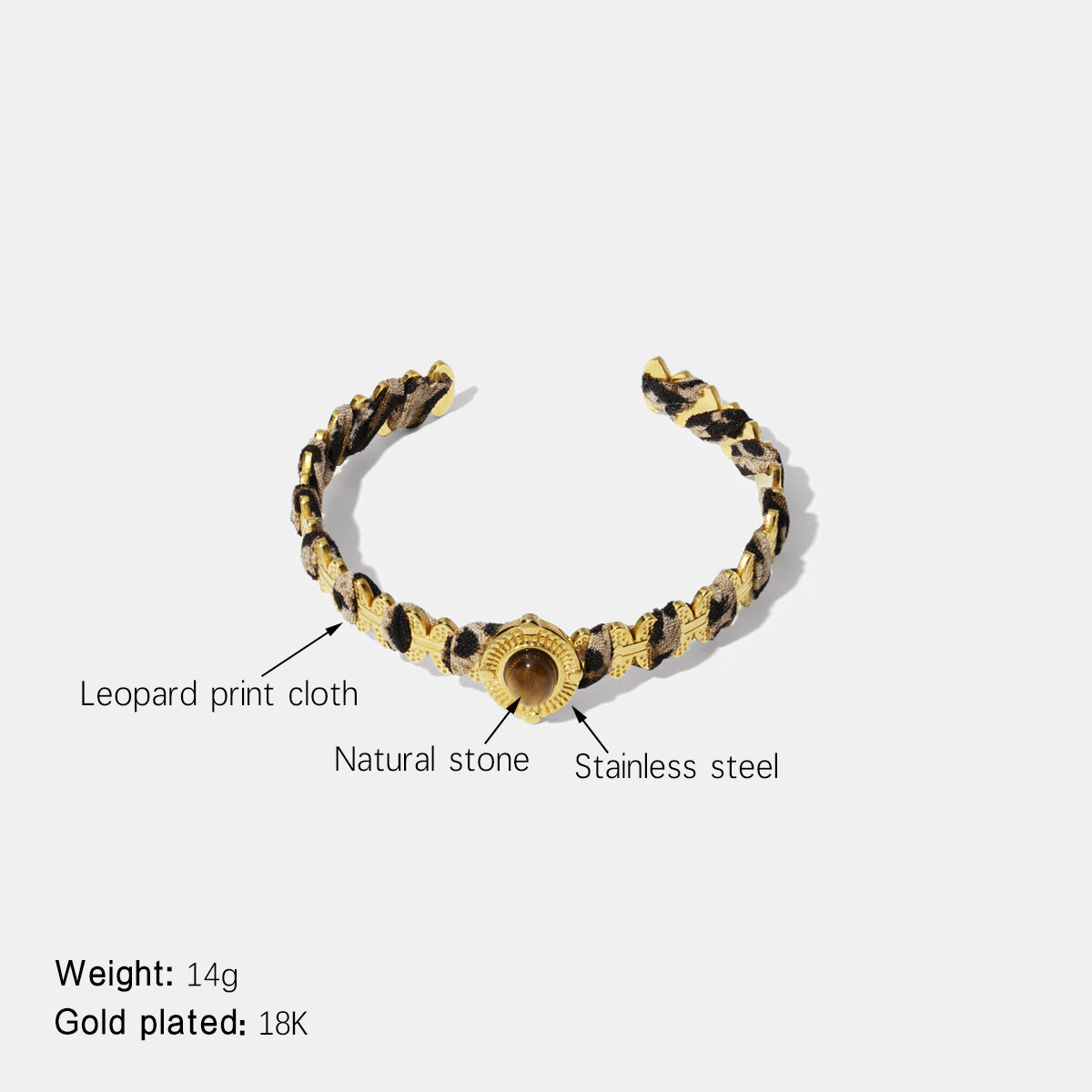 Bracciale rigido in tessuto con stampa leopardata in pietra naturale impermeabile in acciaio inossidabile h5