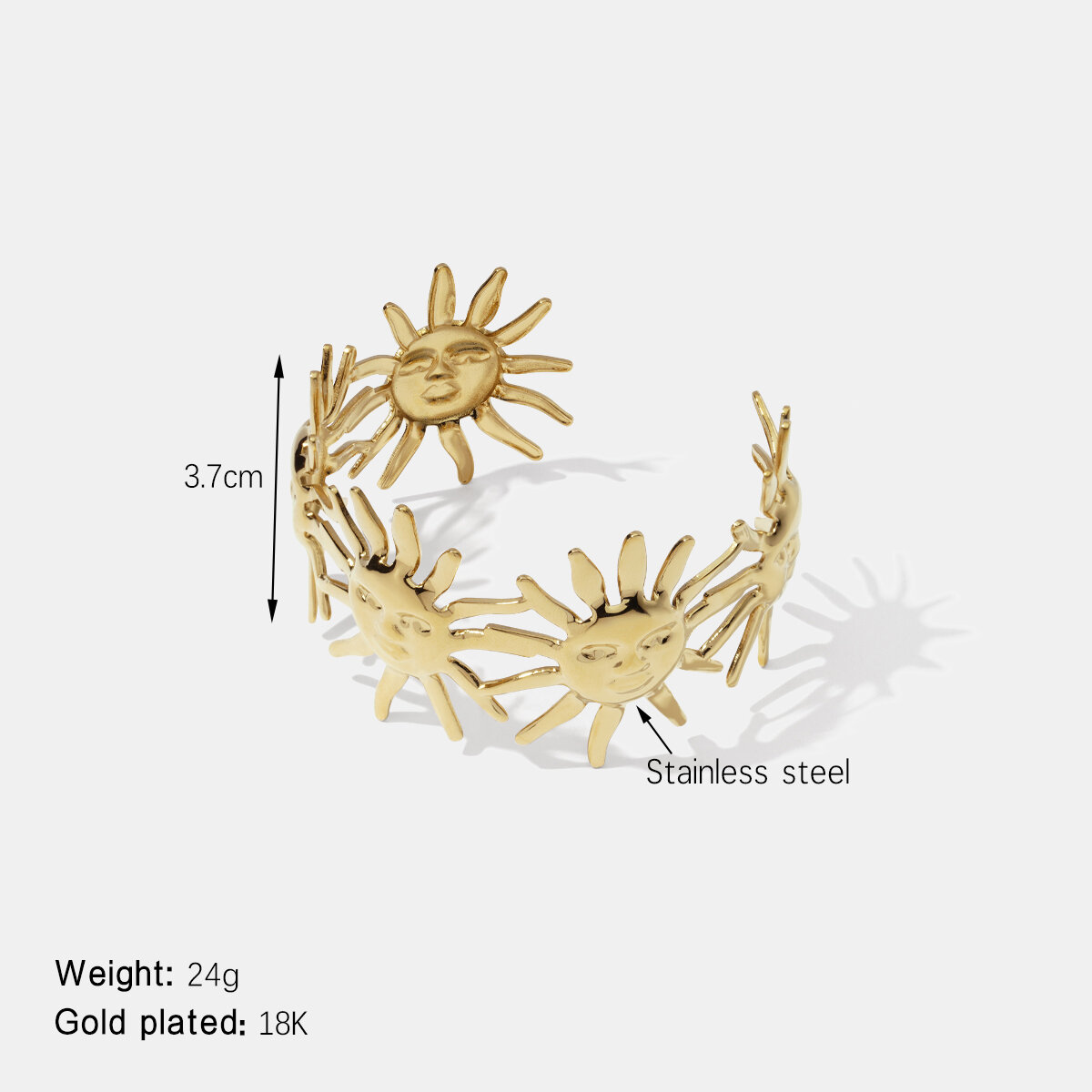 Bracelet manchette Sun en acier inoxydable étanche couleur or