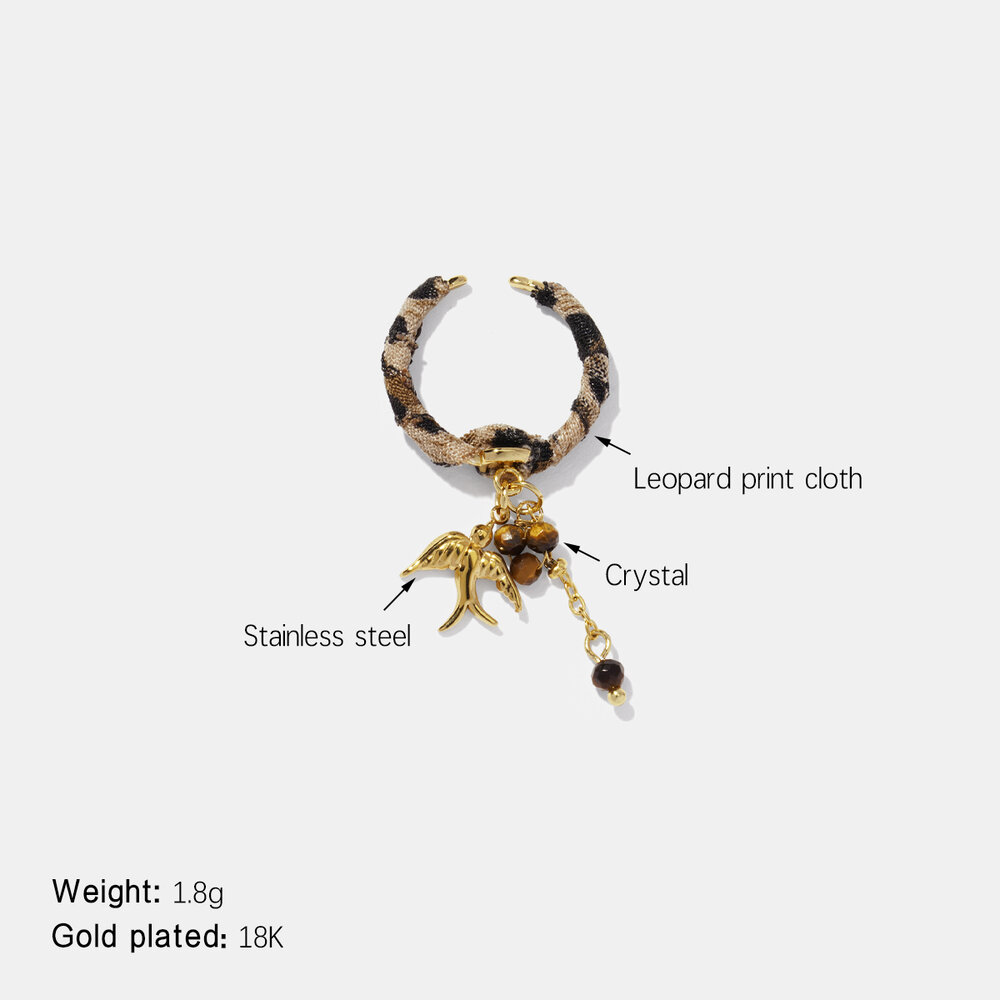 Leopard Fabric Bird Stainless Steel Waterproof Gold Color Statement Ring