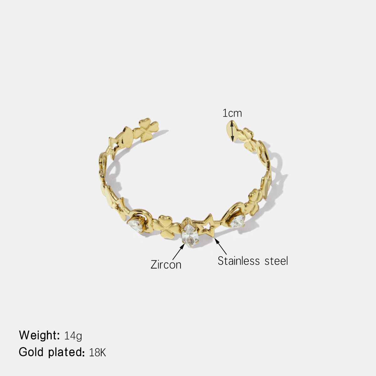 Pulsera de acero inoxidable con circonitas resistentes al agua y diseño de corazón, estrella y trébol