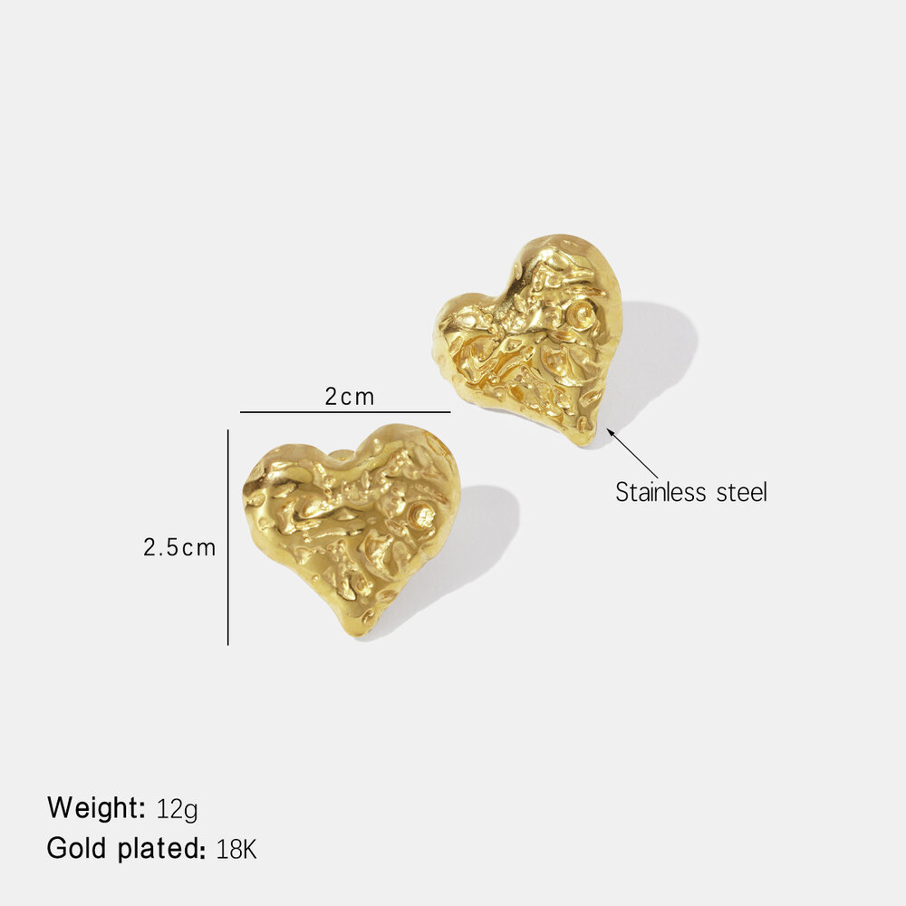 Retro Heart Hammer Pattern Stainless Steel Waterproof Gold Color Stud Earrings