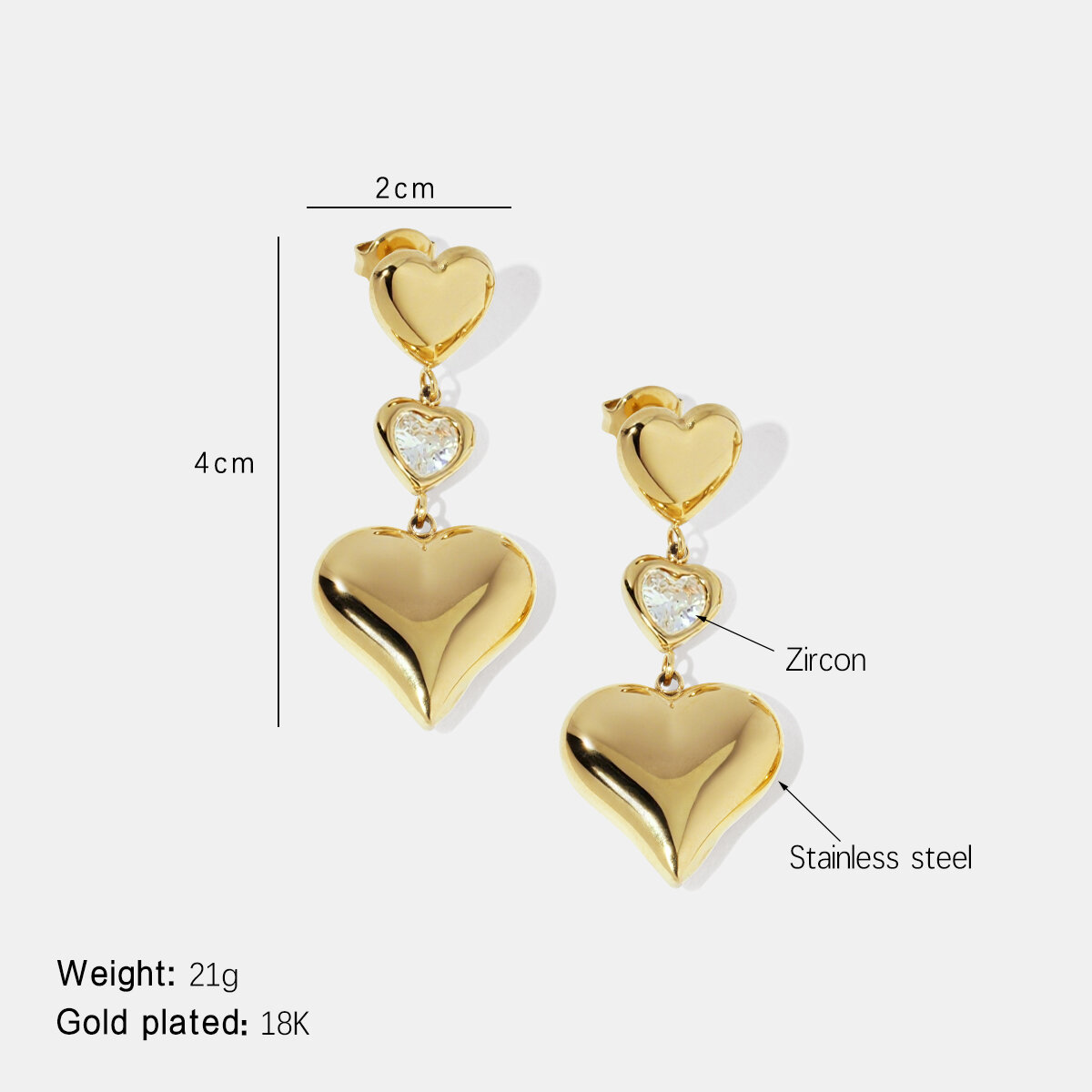 Heart Stainless Steel Waterproof Gold Color Zircon Dangle Earrings
