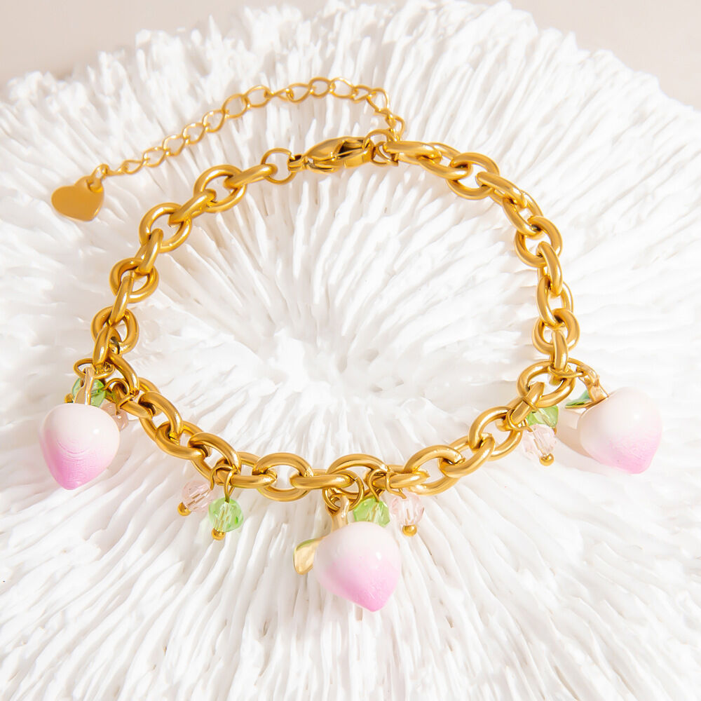 Pulseras con dijes dorados de acero inoxidable resistente al agua y con diseño de melocotón dulce h5 Imagen5