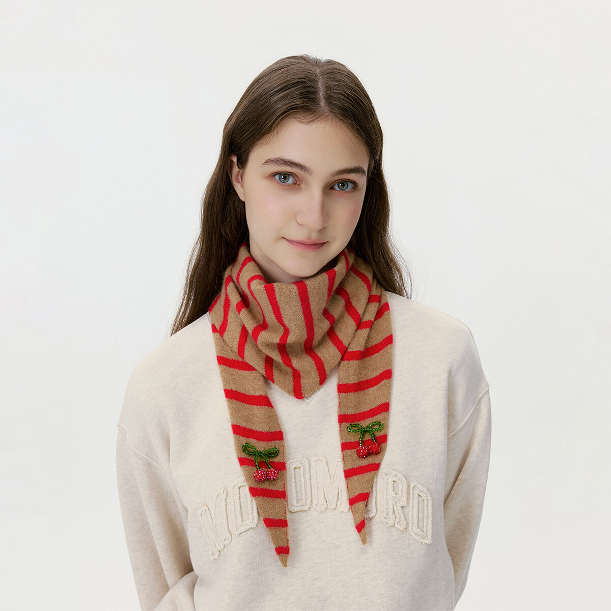 1 Piece Color-blocking Striped knitted Bandana with Beaded Cherry