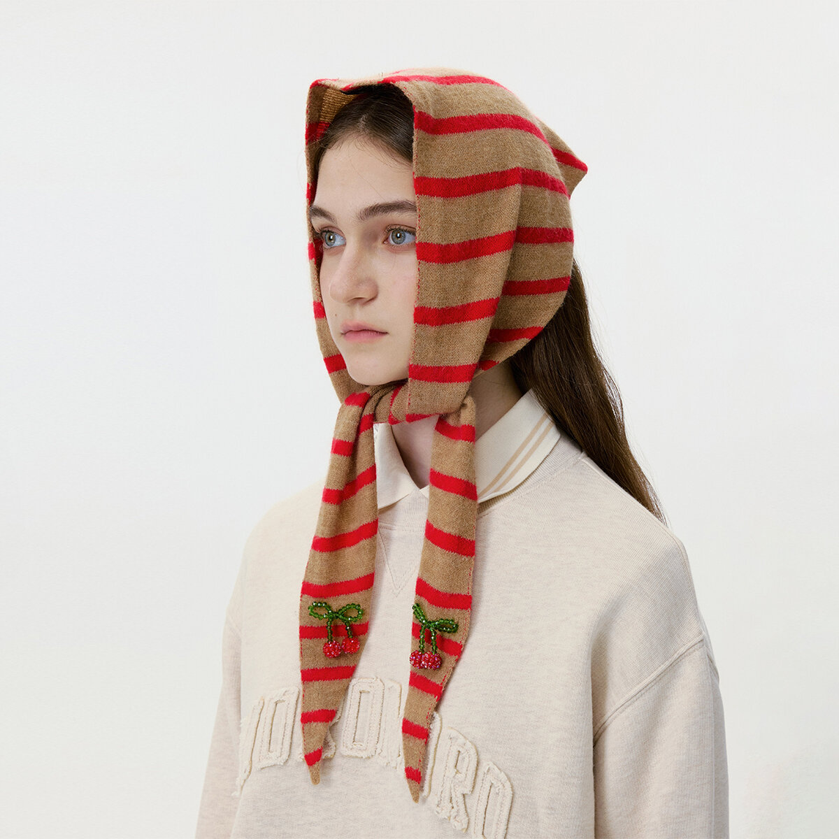 1 Piece Color-blocking Striped knitted Bandana with Beaded Cherry h5 Picture3