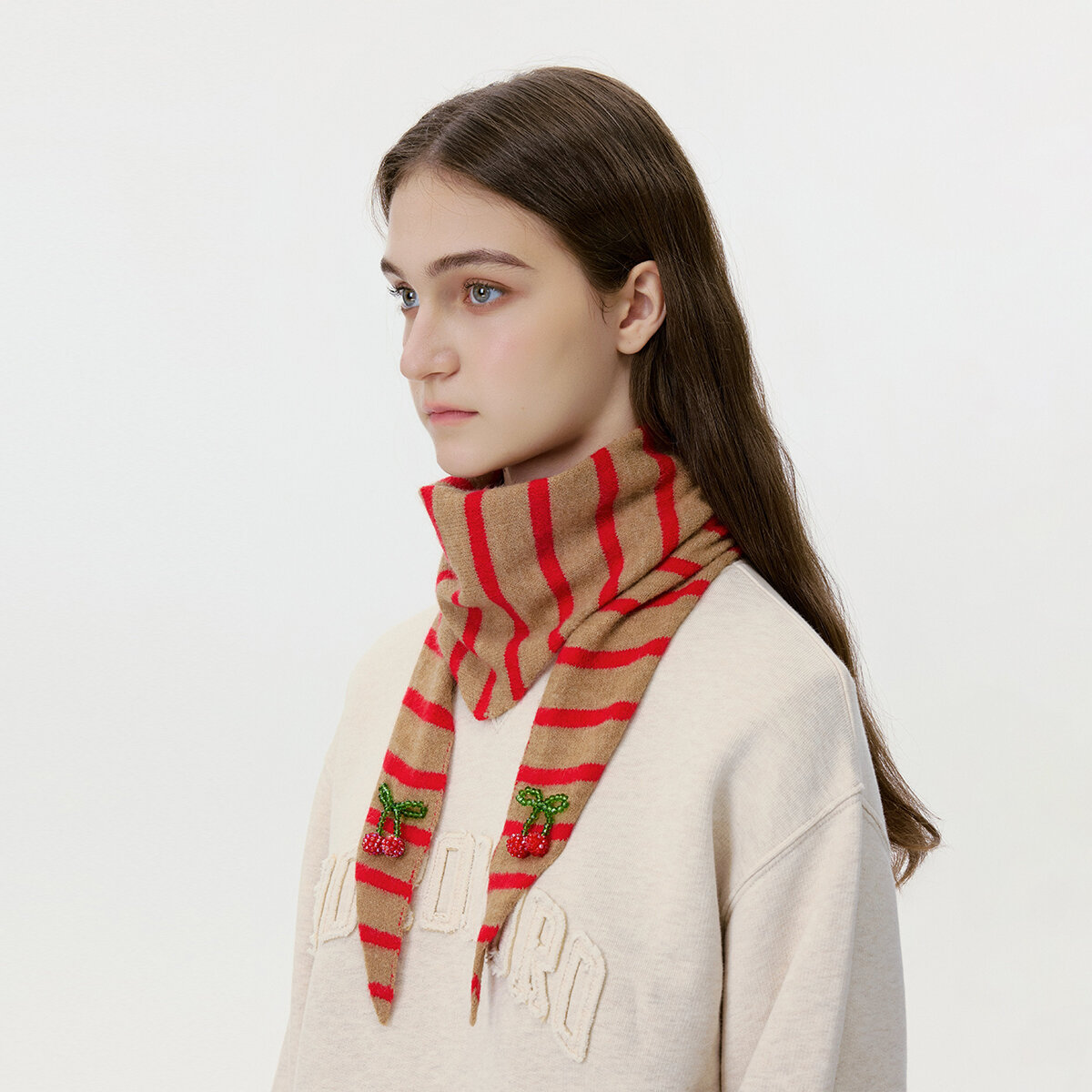 1 Piece Color-blocking Striped knitted Bandana with Beaded Cherry 2