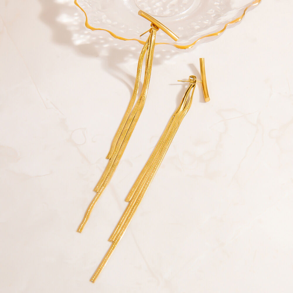 Elegant Tassel Stainless Steel Waterproof Gold Color Dangle Earrings h5 Picture6