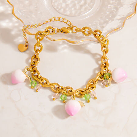 Sweet Peach Stainless Steel Waterproof Gold Color Charm Bracelets