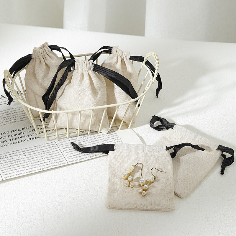 1 Piece Solid Color Cotton and Linen Drawstring Jewelry Bag 2