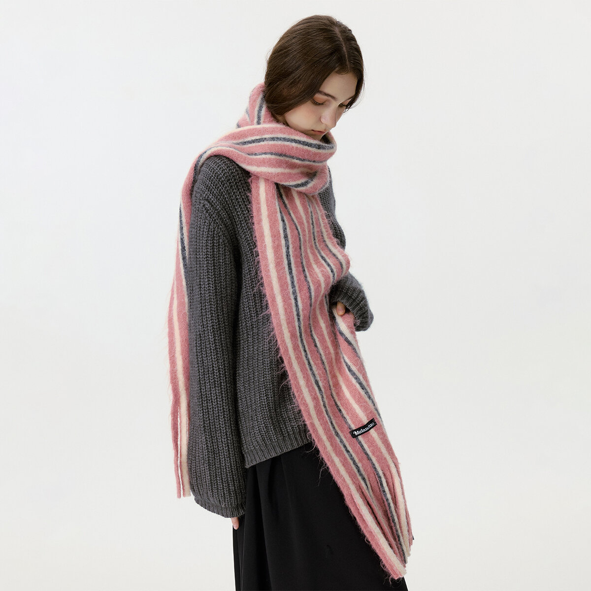 1 Piece Wool & Polyester Tassel Color-blocked Striated Winter Scarf h5 Picture10