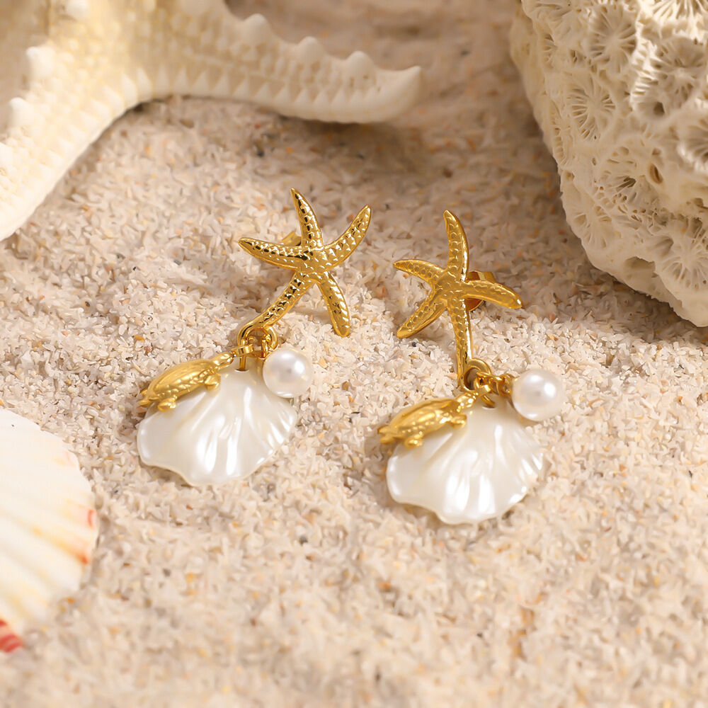 Romantic Series Vacation Oceanic Style Starfish Stainless Steel Waterproof   Gold Color  Women's Drop Earrings