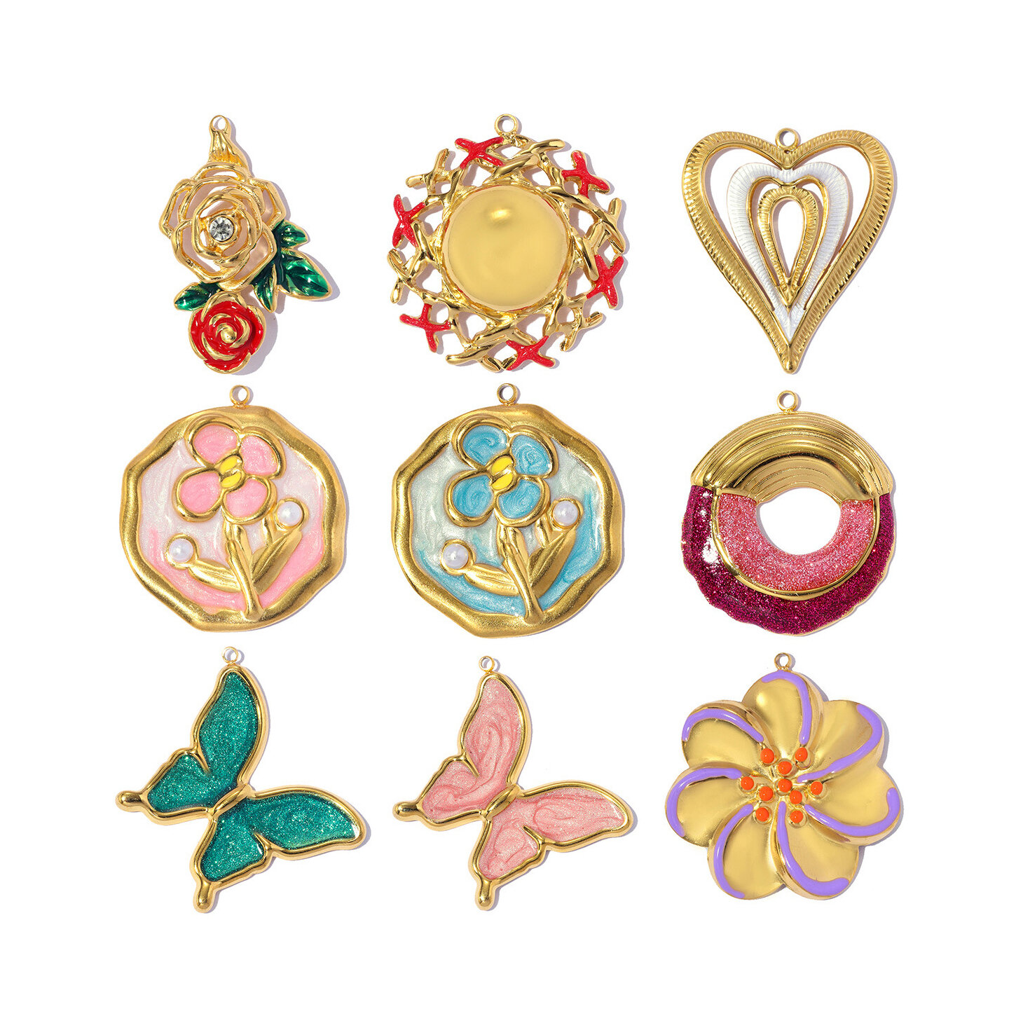 Romantic Series Diy Flower Heart Circle Stainless Steel Waterproof   Gold Color  Women's Pendants