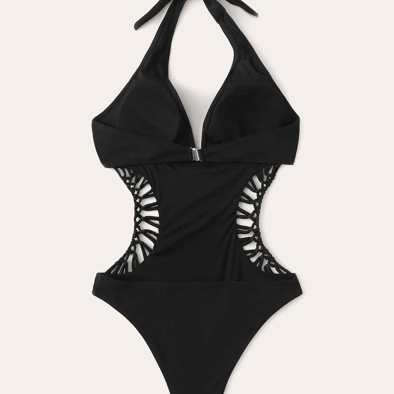 Simple Solid Color Lace Up CutOut Sexy Backless Polyester  One-piece Swimsuit 
