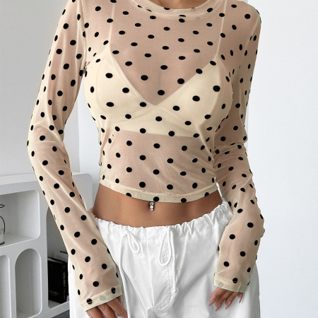 Polka dot Slim fit Mesh Ronde hals Lange mouwen T-shirt Lange mouwen Tops