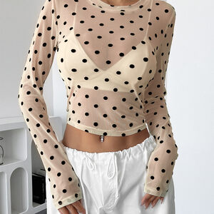 Polka dot Slim fit Mesh Round neck Long sleeve T - shirt Long Sleeve Tops h5