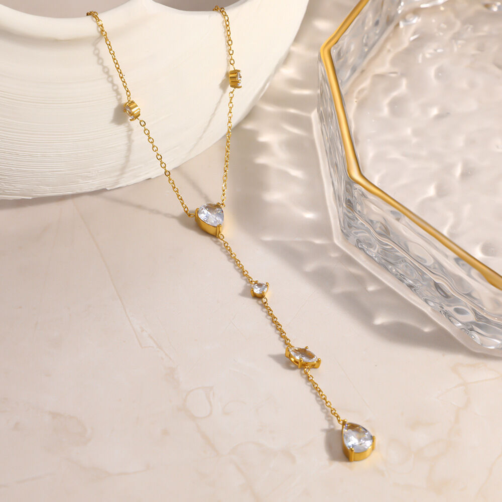 Luxurious Series Elegant Droplet Stainless Steel Waterproof   Gold Color  Zircon Women's Pendant Necklaces