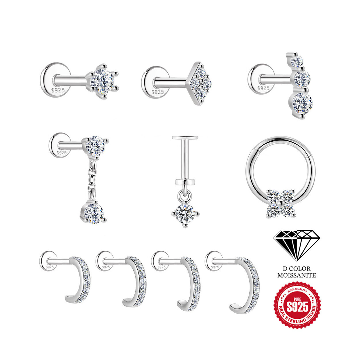 Simple Irregular Shape 925 Sterling Silver Color Platinum Plating Women's Moissanite Earrings