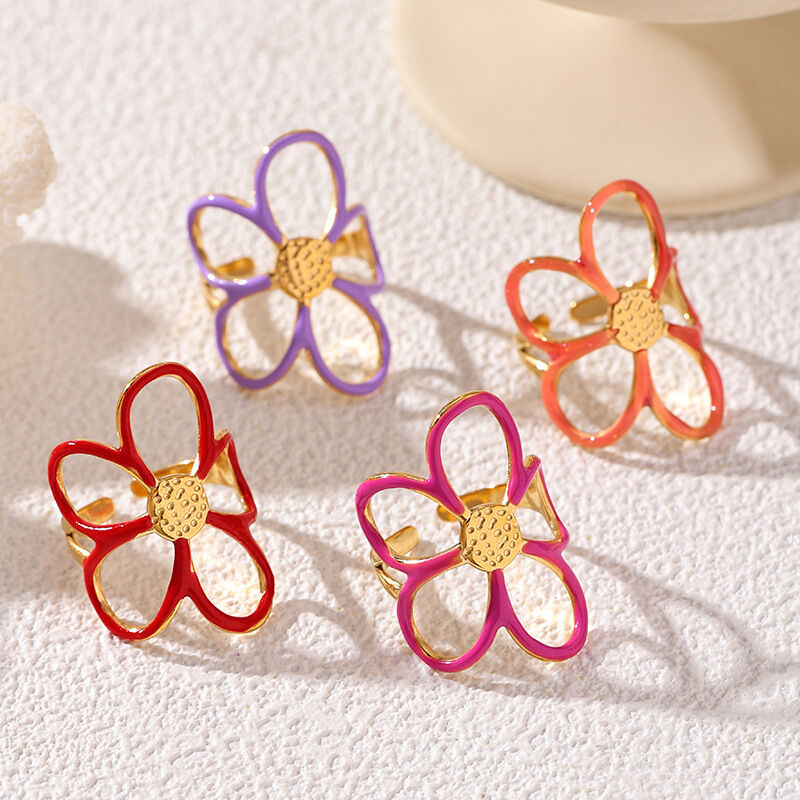 Sweet Enamel Flower Stainless Steel Waterproof Gold Color Statement Rings
