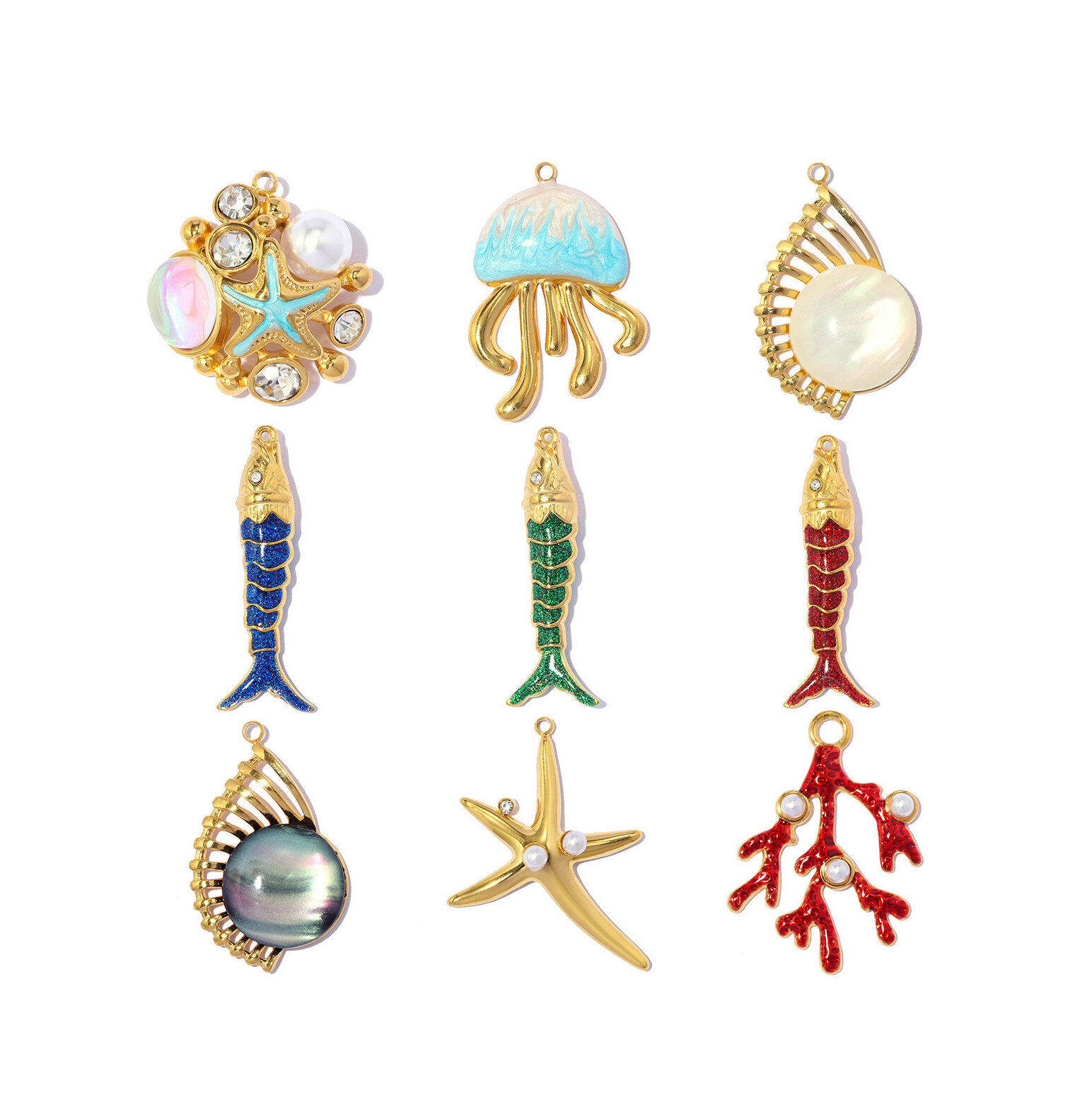 Lujosos colgantes para mujer de estilo oceánico con forma de concha, coral y acero inoxidable, resistentes al agua y de color dorado.