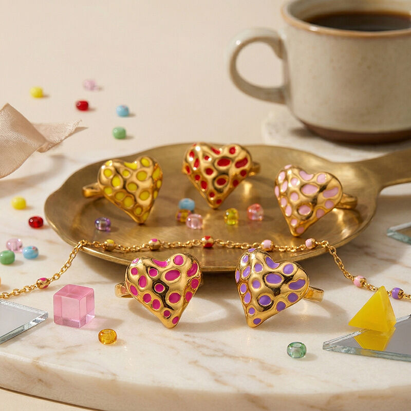 Anelli retrò a forma di cuore in acciaio inossidabile, impermeabili, color oro.