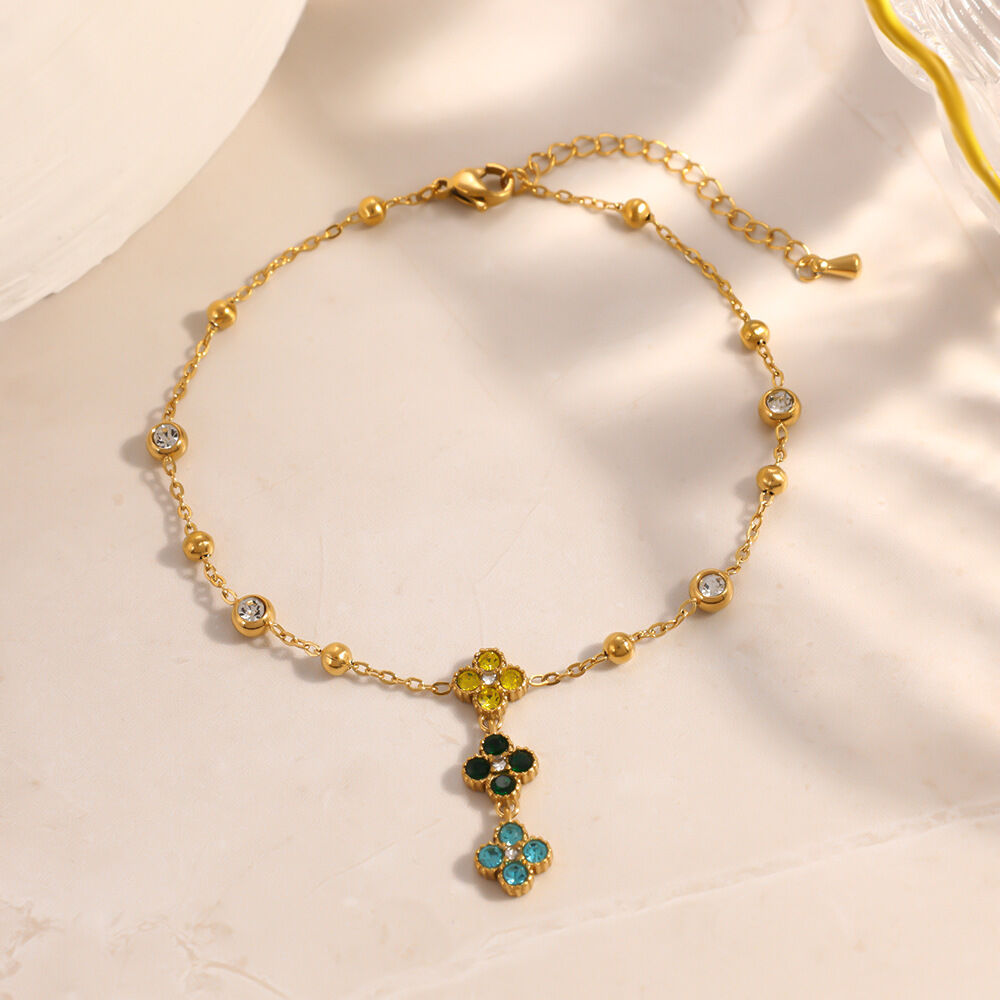 Elegant Flower Stainless Steel Waterproof Gold Color Zircon Anklets