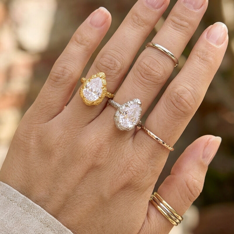Luxurious Series Elegant Droplet Stainless Steel Waterproof Gold Color Zircon Women's Gemstone Rings
