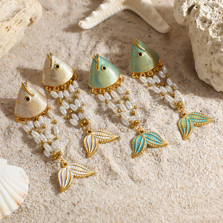 Romantic Series Vacation Irregular Shape Fish Stainless Steel Waterproof Gold Color Women's Dangle Earrings