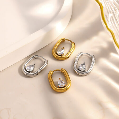 Pendientes de aro sencillos y elegantes con forma de gota, rectangulares, de acero inoxidable, impermeables, color dorado y circonitas para mujer.