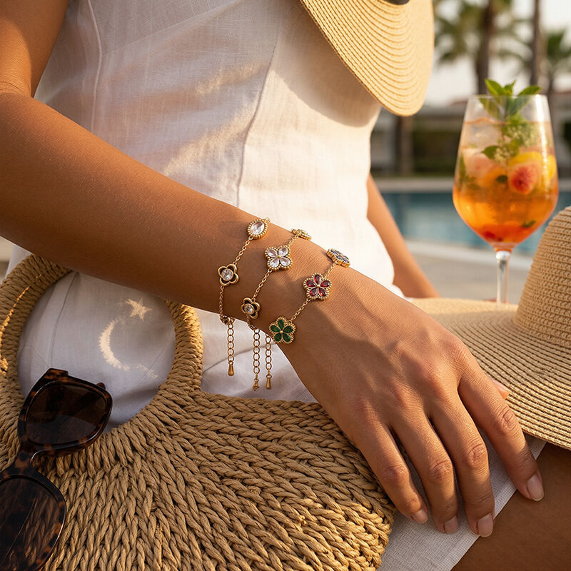 Elegant Flower Stainless Steel Waterproof Gold Color Zircon Women's Charm Bracelets Picture2