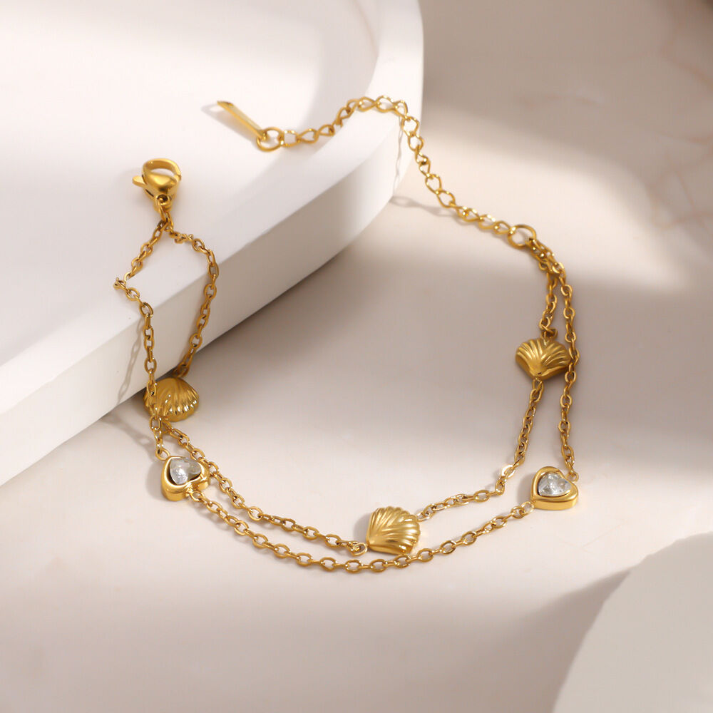 Simple Series Casual Heart Shell Stainless Steel Waterproof   Gold Color  Zircon Women's Chain Bracelets
