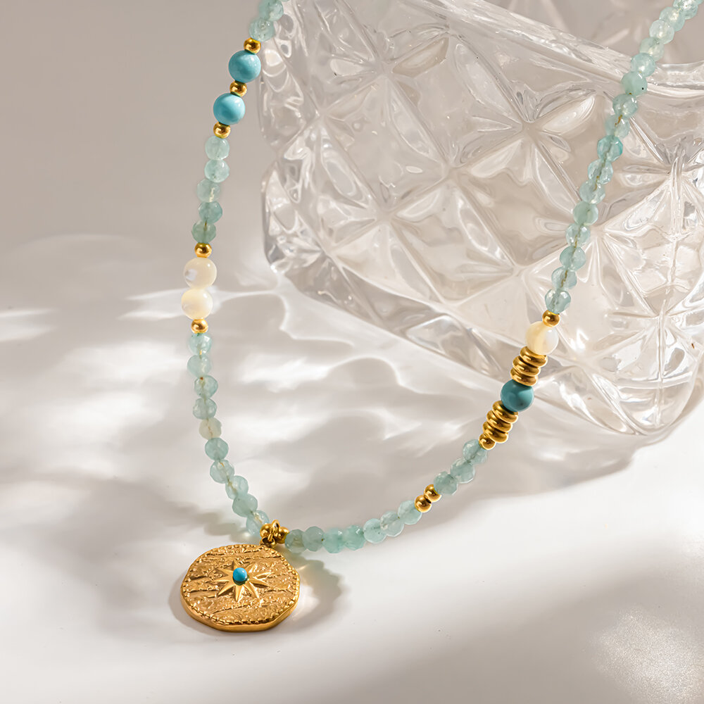 Collares de cuentas para mujer de la serie étnica, estilo bohemio, con estrellas y piedras naturales en color dorado.