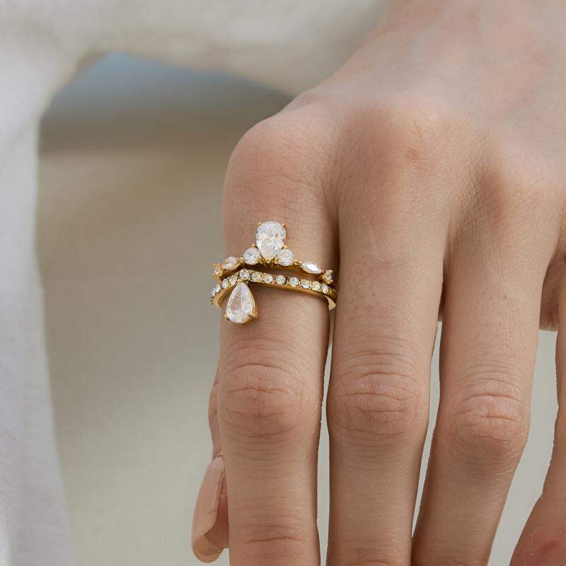 Luxurious Simple Droplet Stainless Steel Waterproof Gold Color Zircon Women's Gemstone Rings