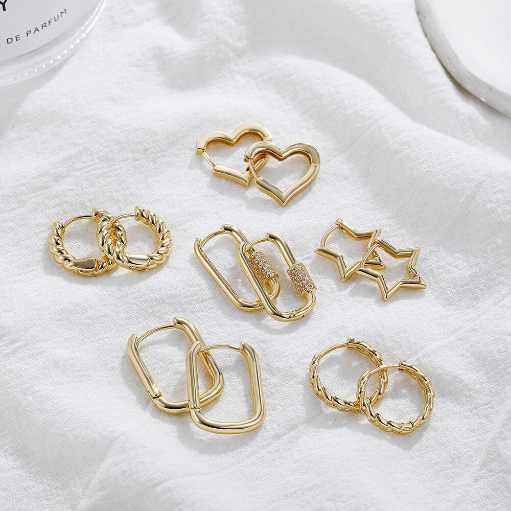 Simple Series Classic Heart Star Copper Gold Color Women's Hoop Earrings h5 Picture2